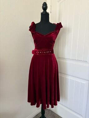 Unique Vintage Burgundy Velvet Fit & Flare Midi Dress